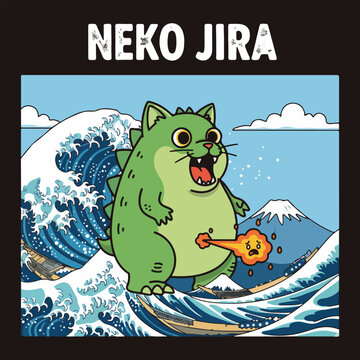 Cartoon illustration of a cat-like Godzilla monster, "Neko Jira", breathing fire while standing on a wave with Mount Fuji in the background.
