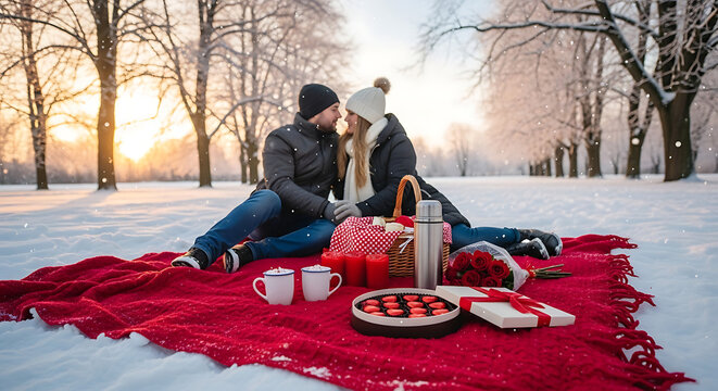 Affectionate couple sitting close together on red blanket enjoying winter picnic date with thermos hot drinks and sweets in snowy park landscape - Powered by Adobe