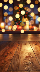 Christmass wooden table, empty wooden table in front of winter background. copy space for text.