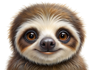 Adorable baby sloth with big brown eyes, smiling and looking directly at the camera, isolated on transparent background
