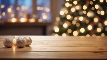 Christmass wooden table, empty wooden table in front of winter background. copy space for text.
