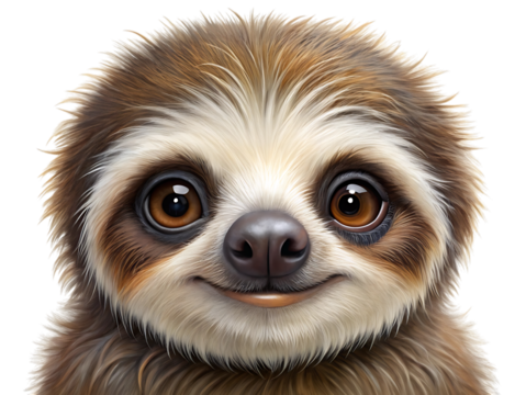 Adorable baby sloth with big brown eyes, smiling and looking directly at the camera, isolated on transparent background