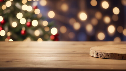 Christmass wooden table, empty wooden table in front of winter background. copy space for text.