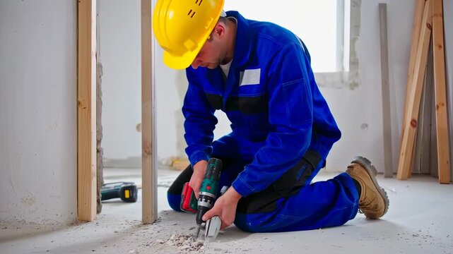 Construction worker using a drill to demolish a floor