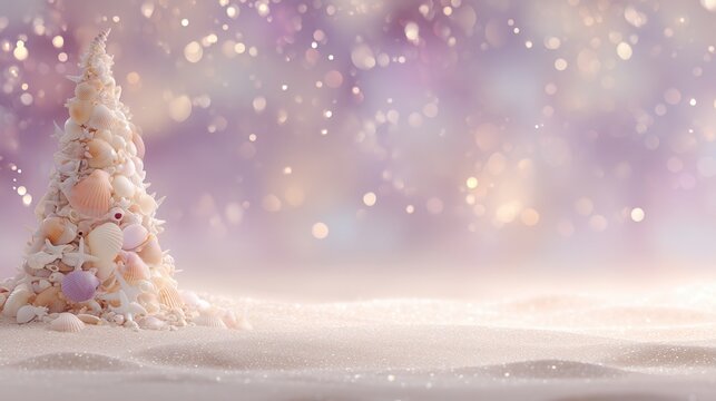 christmas on the beach Seashell Christmas tree in a snowy, dreamy background.