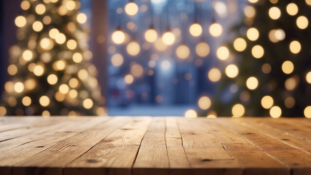 Christmass wooden table, empty wooden table in front of winter background. copy space for text.