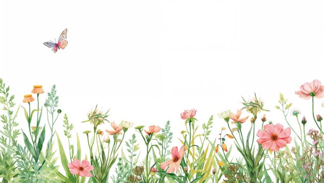 Card featuring a butterfly in flight, surrounded by green plants, coreopsis and cosmos flowers, suitable for summer decor