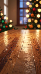 Christmass wooden table, empty wooden table in front of winter background. copy space for text.