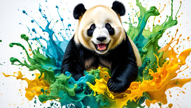 panda is sitting and playing in colorful ink splash, Generative AI