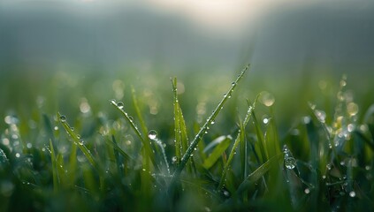 Macro dew drops on vibrant green grass, showcasing seasonal change