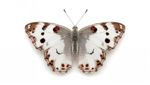 The Apollo butterfly (Parnassius apollo) displayed against a white background, showcasing its delicate features, seasonal change