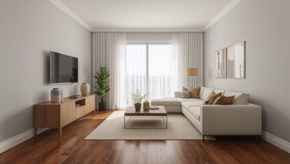 Modern living room featuring gray walls, a beige sofa, and hardwood flooring, designed for relaxation
