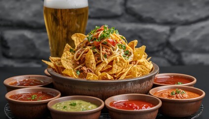 Nacho chips served with a variety of dips, perfect for sharing, snack time