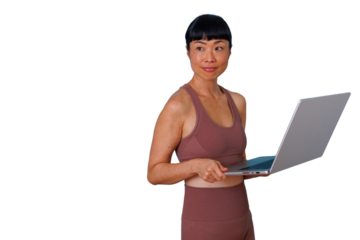 Business casual mature adult woman with curly hair looking at camera, feeling confident and successful on a transparent background