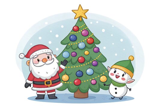 Santa Claus y un elfo celebrando la Navidad junto a un &aacute;rbol decorado con adornos y luces, con nieve cayendo suavemente.