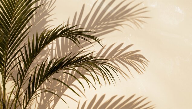 Tropical palm leaves casting shadows on a beige wall, suitable for editorial header background
