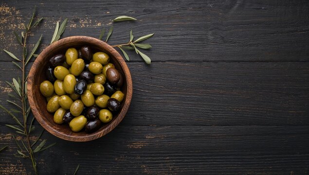 Assorted olives in a wooden bowl with olive oil on a dark wooden surface, ideal for culinary use - Powered by Adobe
