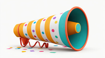 Festive party horn with colorful ribbons and confetti isolated on white background celebration decor fun concept