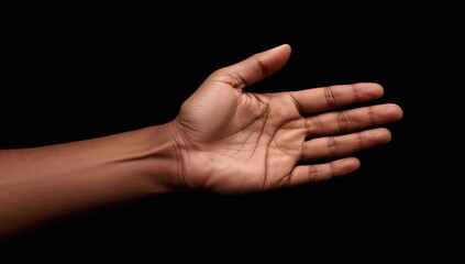Isolated man's hand reaching out against a dark backdrop, focus on human gesture