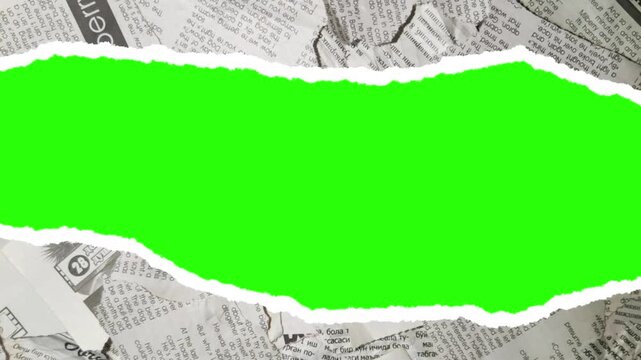 Torn newspaper edges framing bright green screen backdrop for text overlay use