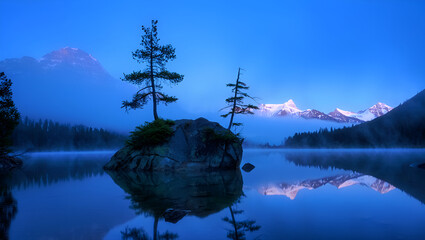 reflection of tree in the lake with mountain landscape potrait, Generative AI