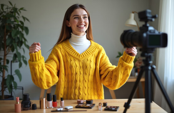 Young beauty blogger talks to camera, films online make-up tutorial. Smiling influencer woman reviews cosmetics, live streams vlog from home studio. Happy female vlogger creates digital content,