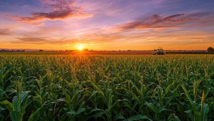 Vibrant sunset illuminating a lush cornfield, showcasing seasonal change