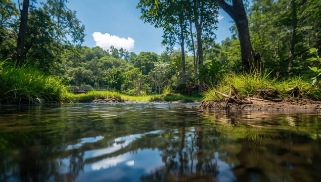Small stream flowing through a garden, seasonal change, summer