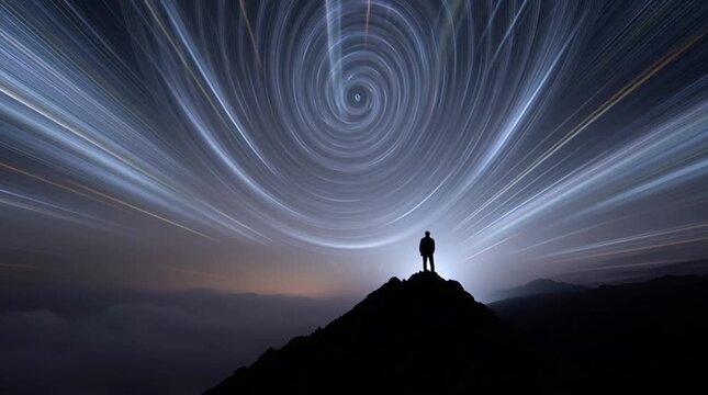 Time-lapse night-sky scene with swirling glowing light trails forming a vortex; silhouette of a small climber on a mountain peak; long-exposure star trails and prism light creating a dynamic cosmic sp