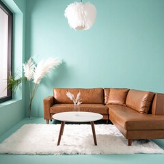 Modern Living Room Interior with Brown Leather Sectional Sofa and White Coffee Table.