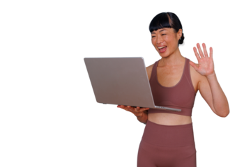 Confident woman presenting information with hand gestures, smiling, standing on a transparent background