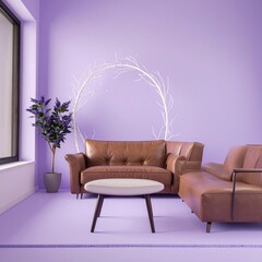 Modern Living Room Interior with Brown Leather Sofas and Purple Walls.
