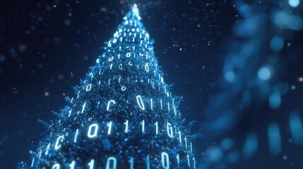christmas y2k Digital Christmas tree illuminated with binary code and shimmering lights.