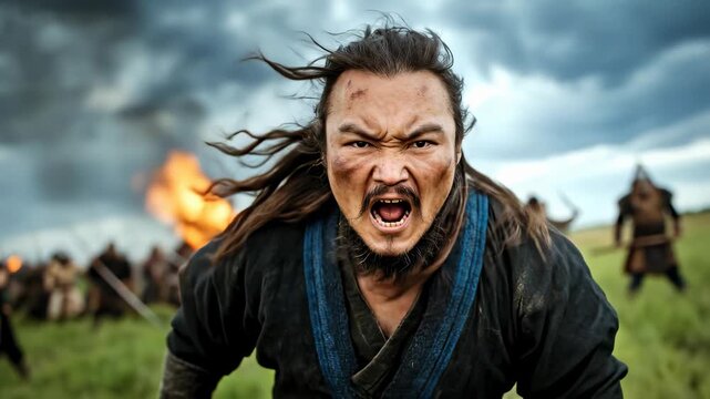 This compelling production depicts a fierce group of warriors surging forward during a tatar-mongol military action. An intense video of conflict on the grassland