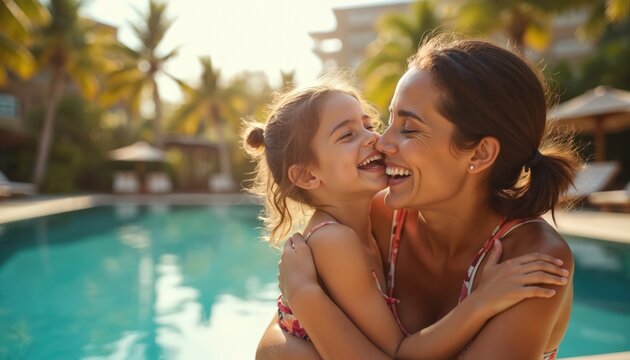 Mom and daughter share joyful moment poolside. Woman hugs girl, both laughing happily. Tropical resort offers sun, fun, and quality time together in swimwear.
