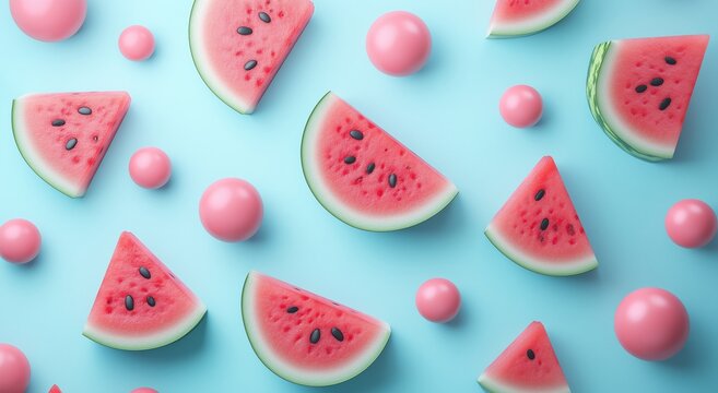 Colorful Arrangement of Watermelon Slices and Pink Spheres on a Light Blue Background - Powered by Adobe
