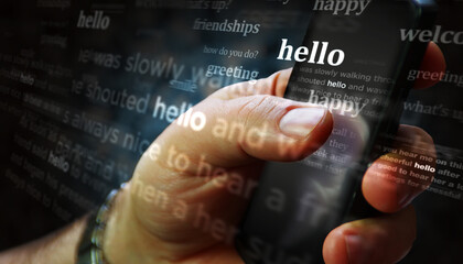 Hello greeting news titles on screen in hand 3d illustration