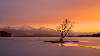 sunset over the lake  with mountain landscape potrait, Generative AI