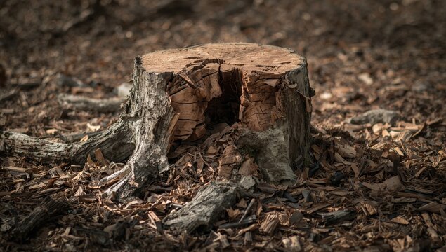 Tree damaged by beaver activity, wood shavings scattered around stump, erosion risk