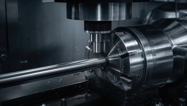 CNC lathe machine shaping a steel rod, precision engineering process