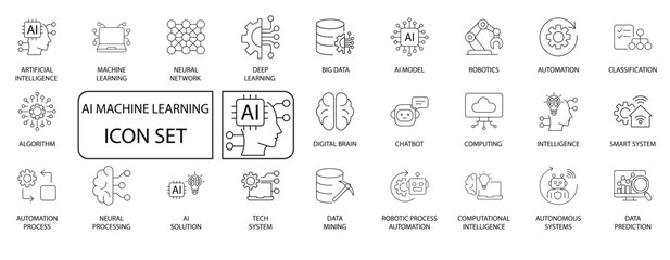 AI  Machine Learning Line Icon Set. Modern vector for tech, data, robotics, and smart systems.