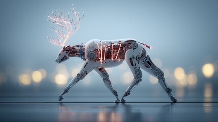 christmas y2k Robot reindeer walking through a blurred background of lights.