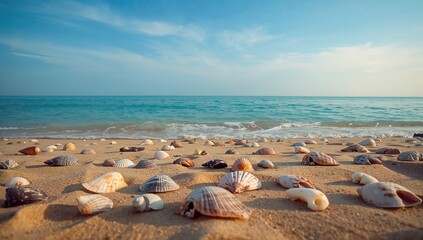 A collection of seashells by the ocean, showcasing natural beauty and relaxation