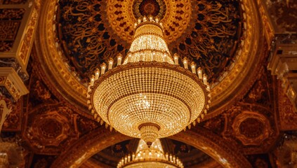 A stunning golden chandelier with sparkling crystals hangs from an ornate dome ceiling, a luxurious setting for Eid Mubarak greetings.
