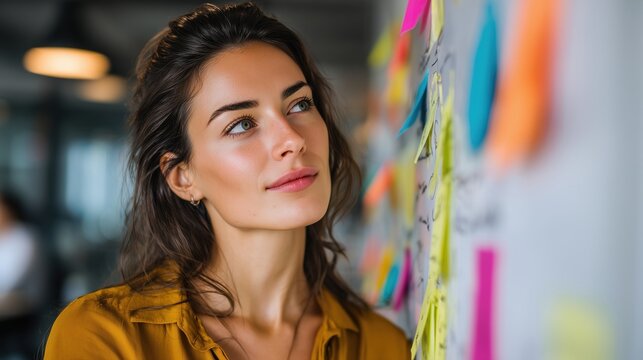 A young Caucasian woman with long brown hair looks thoughtfully at colorful sticky notes on a wall in a modern office setting.