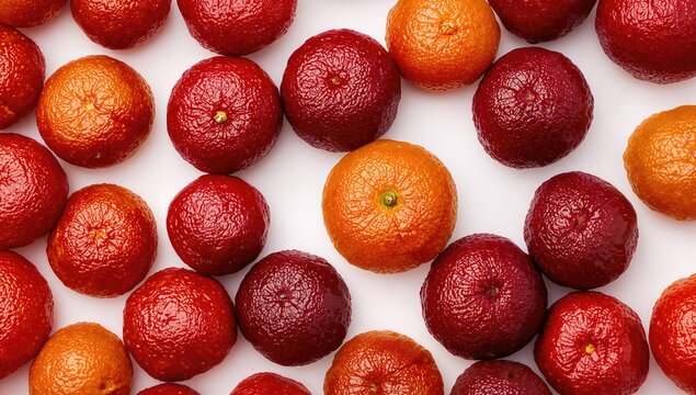 Oranges in a blood red hue with a clipping trail on a white background, emphasizing saturated fat risk
