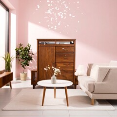 Modern Living Room Interior with Wooden Furniture and Natural Light.