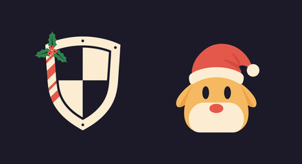 Cartoon illustration featuring a shield decorated with Christmas holly and a dog wearing a Santa hat on a dark background.