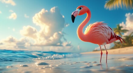 Flamingo Stands Gracefully on a Sandy Beach by the Sea During Sunset
