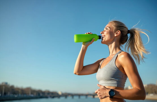 Young blonde woman runner drinks water from green bottle. Smiles, taking hydration break from jog by river embankment. Athlete enjoys pure fresh drink outdoors under clear blue sky. Healthy female